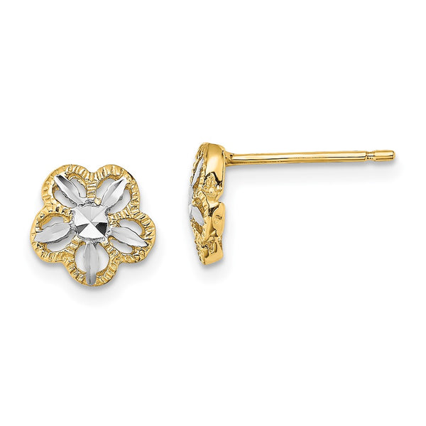 14K White Gold Flower Stud Earrings - Diamond-Cut