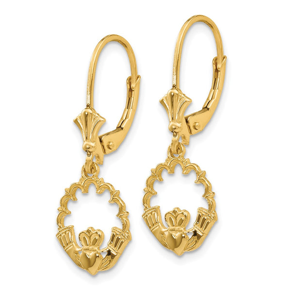 14K Gold Claddagh Circle Leverback Earrings