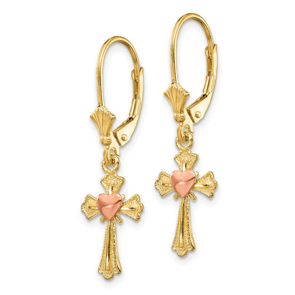 14K Two-Tone Heart & Cross Leverback Earrings