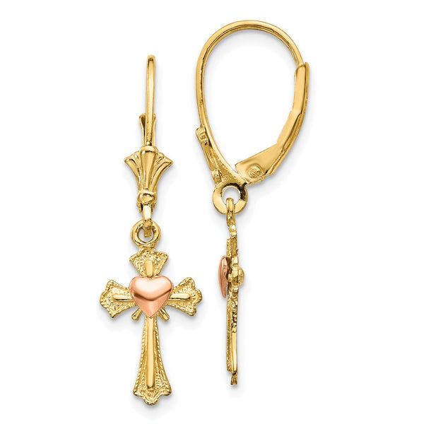 14K Two-Tone Heart & Cross Leverback Earrings