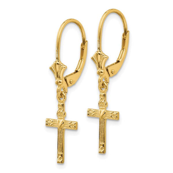 14K Gold Mini Cross Heart Leverback Earrings