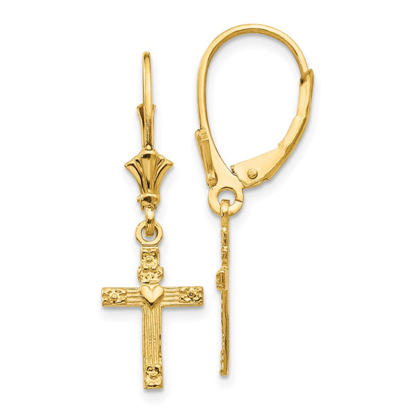 14K Gold Mini Cross Heart Leverback Earrings