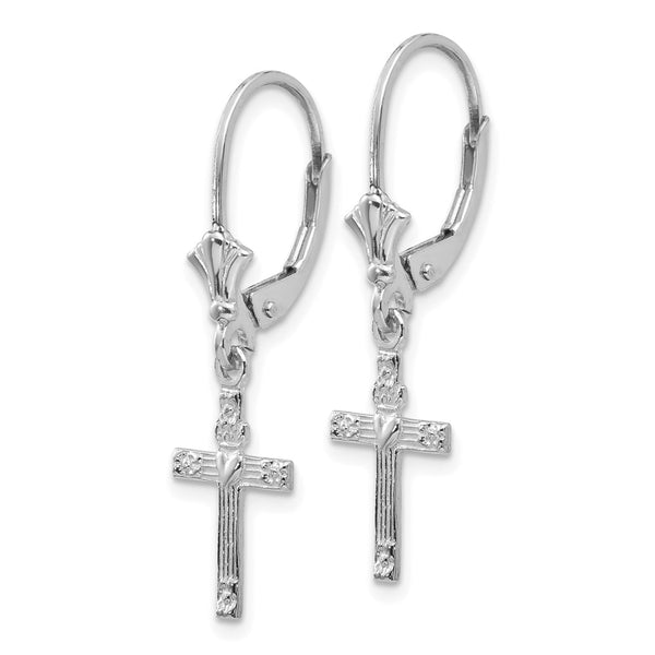 14K White Gold Heart & Mini Cross Leverback Earrings - 12mm