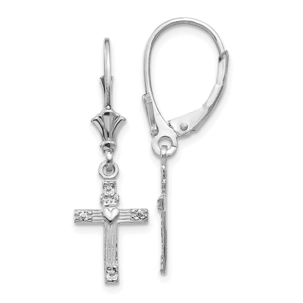 14K White Gold Heart & Mini Cross Leverback Earrings - 12mm