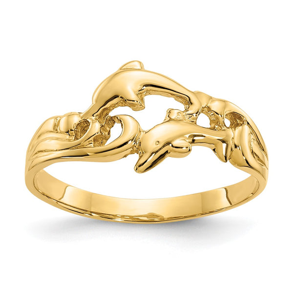 14K Gold Double Dolphin Wave Ring