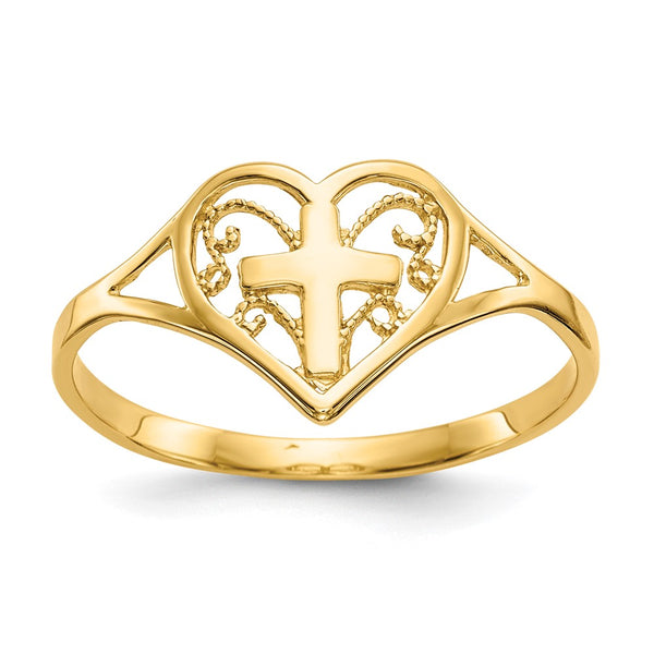 14K Gold Polished Heart and Cross Ring