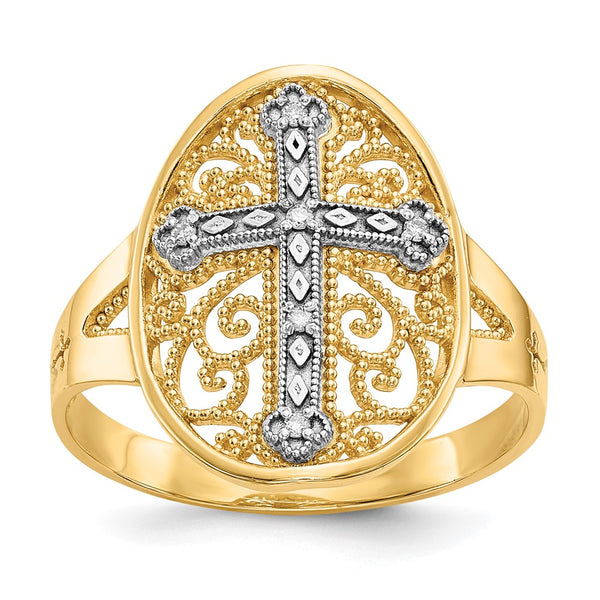 14K Gold Diamond-Accented Filigree Cross Ring