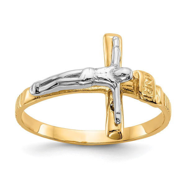 14K Two-Tone Polished INRI Crucifix Band Ring