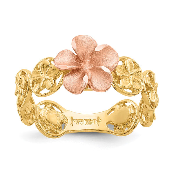 14K Yellow & Rose Gold Diamond-Cut Plumeria Flower Ring