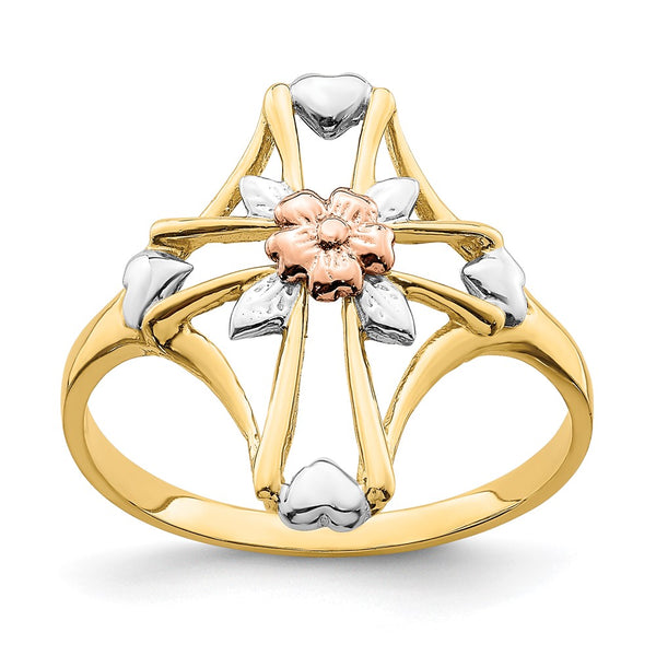 14K Two-Tone Cross Ring - Floral