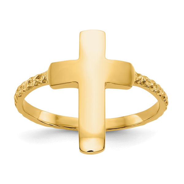14K Gold Polished Textured Cross Band Ring