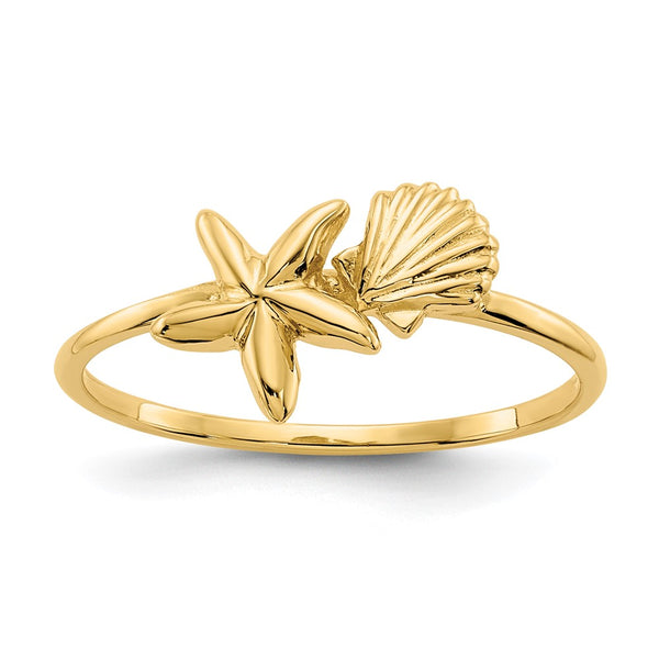 14K Gold Polished Shell & Starfish Ring