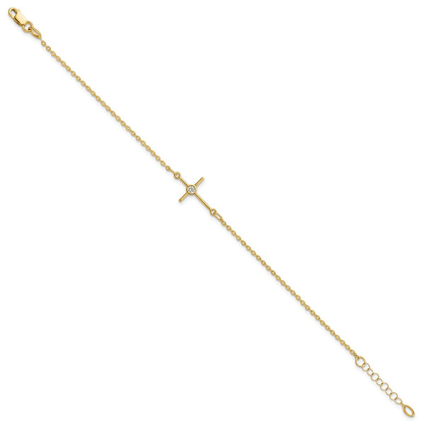 14K Gold Polished CZ Cross Bracelet - 1" Extension