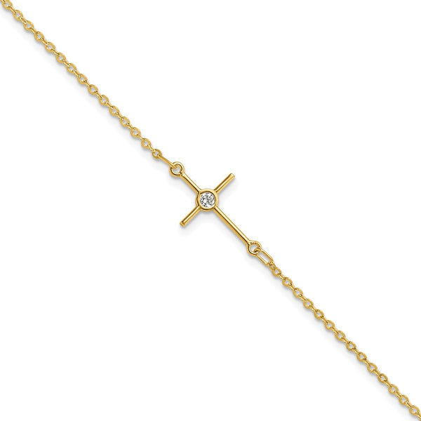 14K Gold Polished CZ Cross Bracelet - 1" Extension