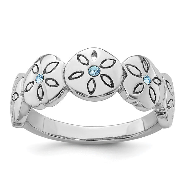Polished Blue Crystal Sand Dollar Ring - Rhodium-Plated Silver