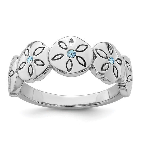 Exclusive Polished Blue Crystal Sand Dollar Ring - Stylish Rhodium-Plated Silver