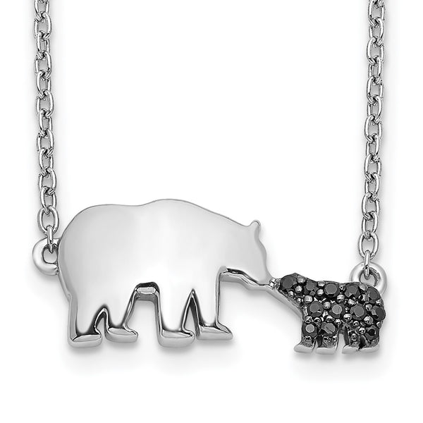 14K White Gold Mother & Baby Bear Necklace - 18" Black Diamonds