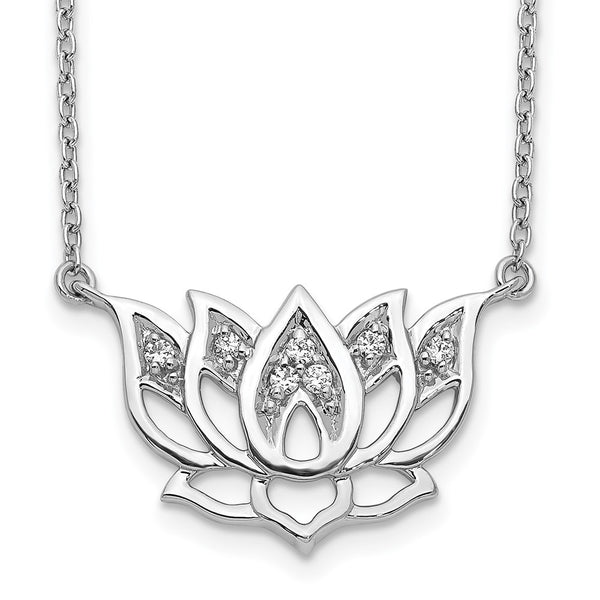 14K White Gold Diamond Lotus Flower Necklace - 18" Length