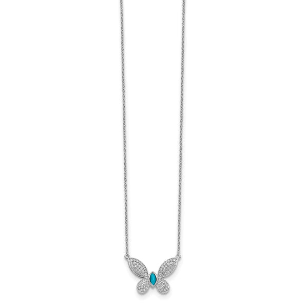 14K White Gold Butterfly Necklace with Diamonds & Turquoise Accents