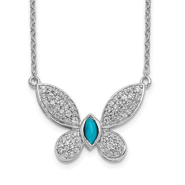 14K White Gold Butterfly Necklace with Diamonds & Turquoise Accents