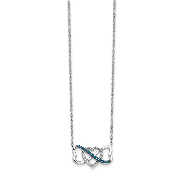 14K White Gold Triple Heart Necklace - 17", Blue White Diamonds