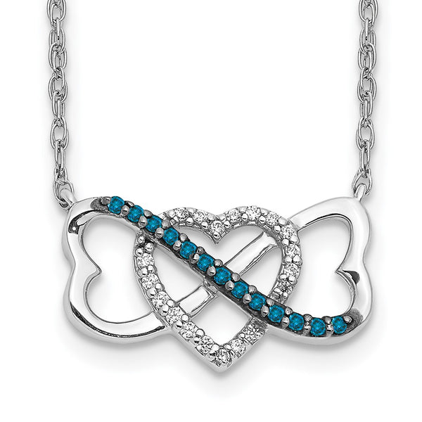 14K White Gold Triple Heart Necklace - 17", Blue White Diamonds