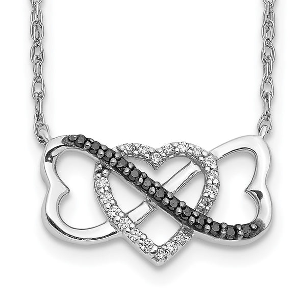 14K White Gold Triple Heart Necklace - 17" Black White Diamonds