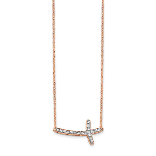 14K Rose Gold Diamond Sideways Cross Necklace - 18 Inch Length