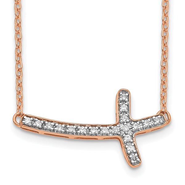 14K Rose Gold Diamond Sideways Cross Necklace - 18 Inch Length