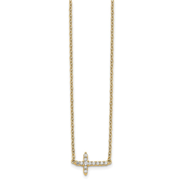 14K Gold Diamond Sideways Cross Necklace - 18"