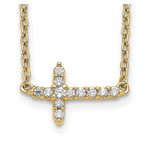 14K Gold Diamond Sideways Cross Necklace - 18"