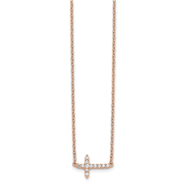14K Rose Gold Diamond Sideways Cross Necklace - 18 Inch