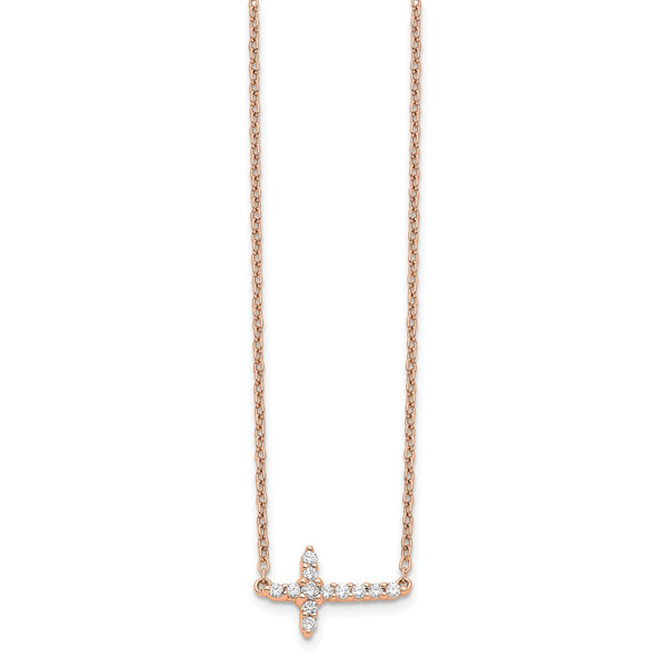 14K Rose Gold Diamond Cross Necklace - 18"