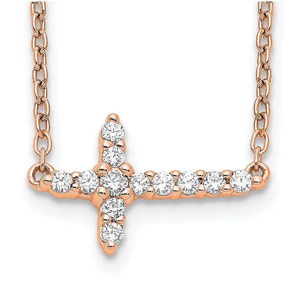 14K Rose Gold Diamond Cross Necklace - 18"
