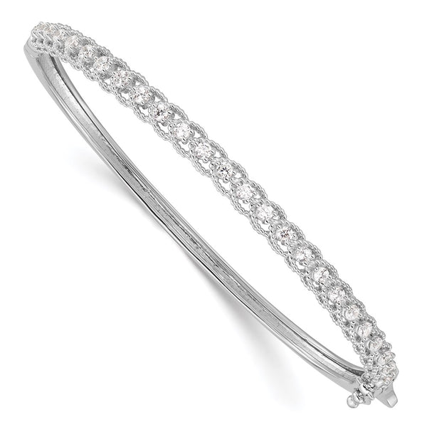 Rhodium-Plated Sterling Silver Hinged Bangle Bracelet with 25 CZ Stones