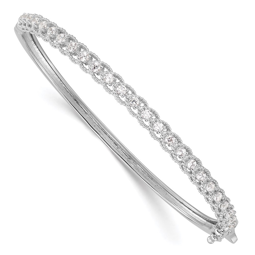 High-Quality Rhodium-Plated Sterling Silver Hinged Bangle Bracelet with 25 CZ Stones - Stylish Value!