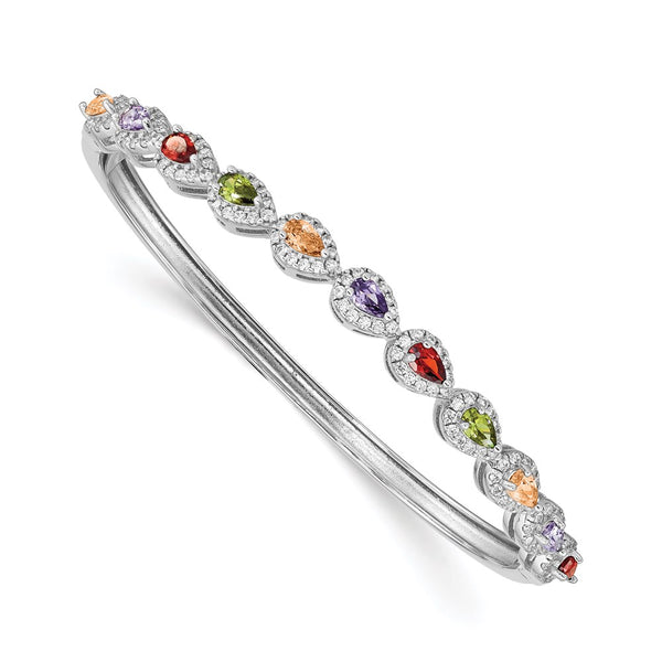 Rhodium-Plated Sterling Silver Multi-Color CZ Bangle Bracelet - 7"