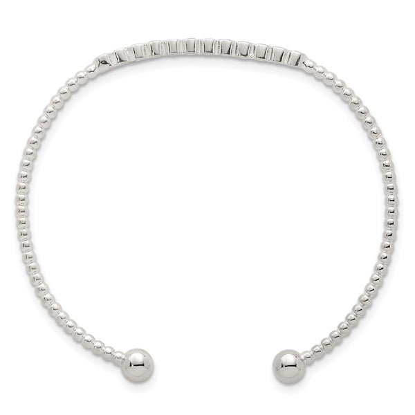 Polished Sterling Silver CZ Bar Cuff Bangle - 7.5" Beaded Accents