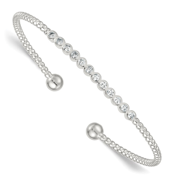 Polished Sterling Silver CZ Bar Cuff Bangle - 7.5" Beaded Accents