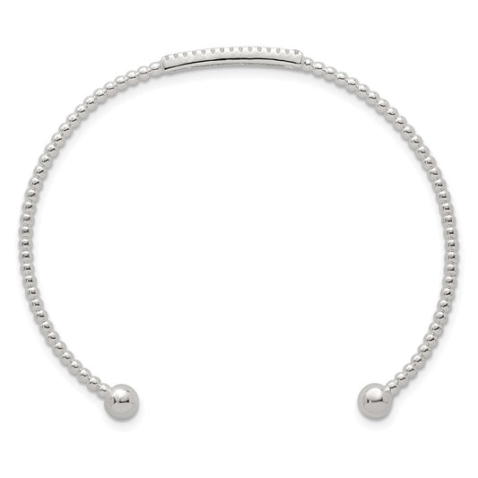 Exclusive Polished Sterling Silver CZ Bar Cuff Bangle - Stylish Beaded Accents