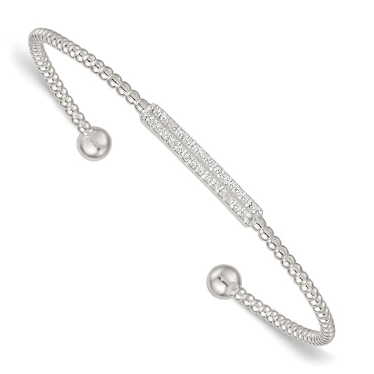 Exclusive Polished Sterling Silver CZ Bar Cuff Bangle - Stylish Beaded Accents