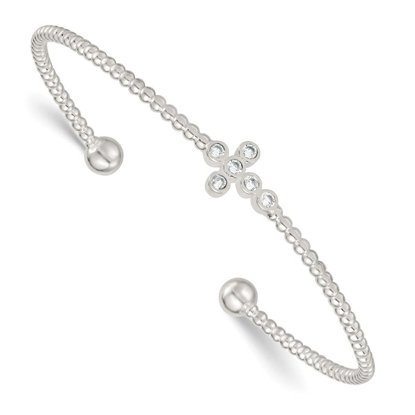 Polished Sterling Silver CZ Cross Cuff Bangle - Beaded Accents