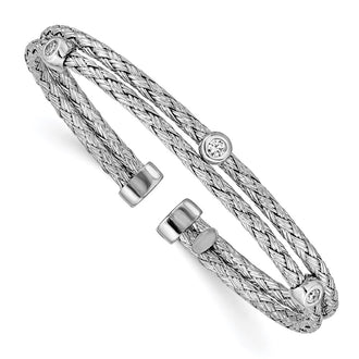 High-Quality Rhodium-Plated Sterling Silver Double Strand CZ Cuff Bangle - Stylish!