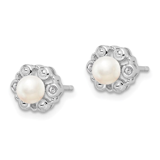 Designer Rhodium-Plated Sterling Silver Pearl & Diamond Earrings - Stylish Value