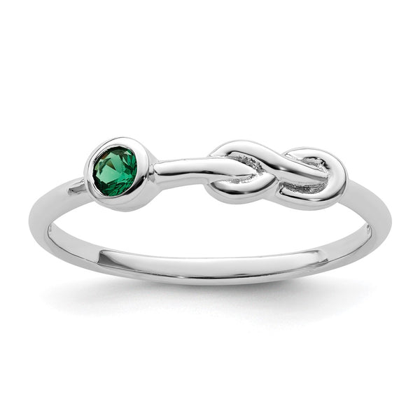 Polished Infinity Ring in Rhodium-Plated Silver with Emerald