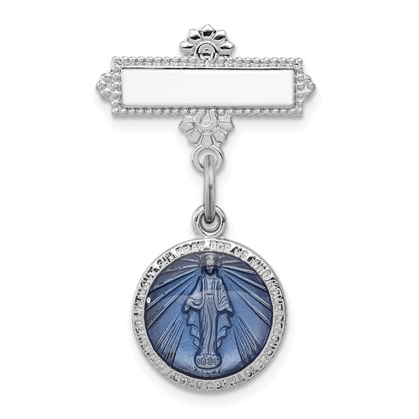 Rhodium-Plated Sterling Silver Enameled Miraculous Medal Brooch, 1.5"