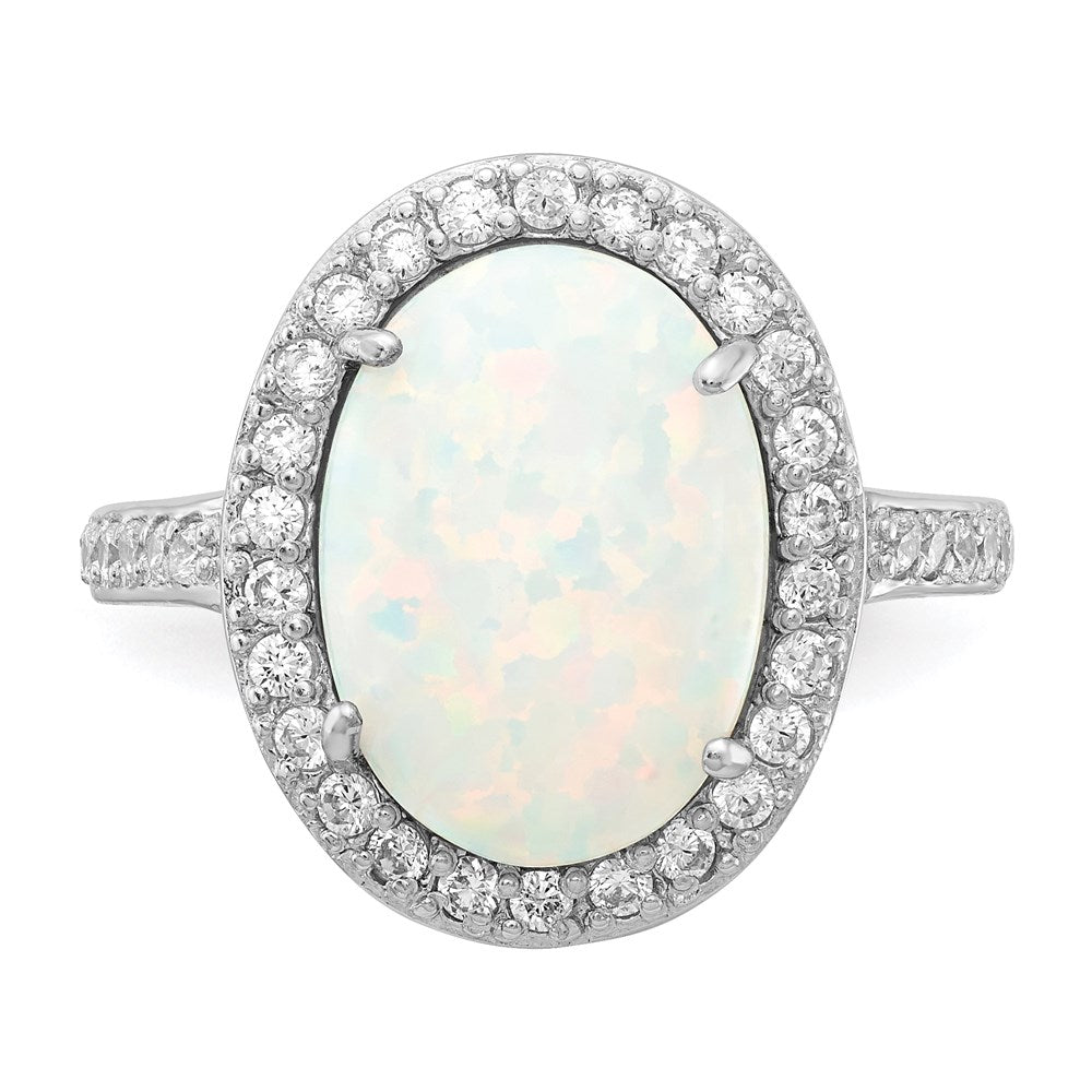 Exclusive 14K Gold Rhodium-Plated Oval Halo Ring with Lab-Created Opal & CZ