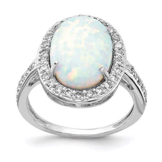 Exclusive 14K Gold Rhodium-Plated Oval Halo Ring with Lab-Created Opal & CZ