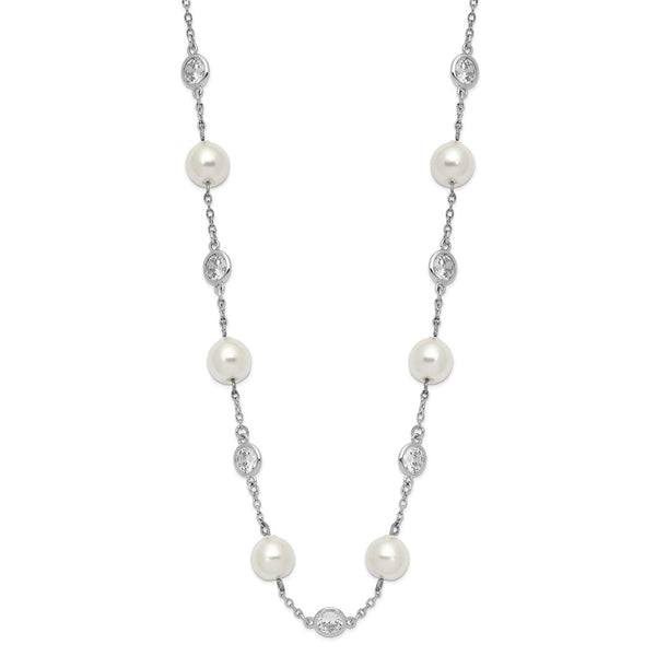 18.25-Inch Sterling Silver Necklace with CZ Bezel & Pearls