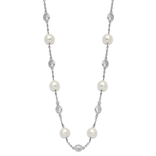 High-Quality 18.25-Inch Sterling Silver Necklace with CZ Bezel & Pearls - Value!